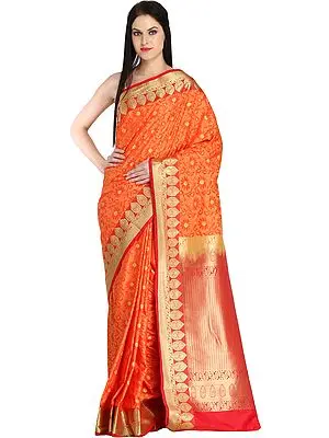 Orange and Red Sari from Bangalore with Woven Flowers and Brocaded Border