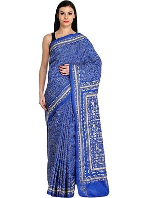 Strong-Blue Warli Sari from Kolkata with Dense Kantha-Embroidery by Hand