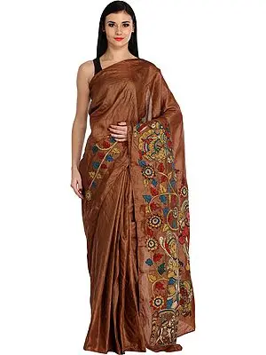 Thrush-Brown Plain Sari from Chennai with Kalamkari Floral Applique and Depicting Rama Durbar on Pallu