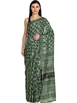 Mineral-Green Sari with Block Printed Bootis and Zigzag Border
