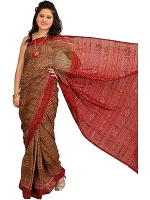 Coffee-Liqueur Ikat Handloom Sari from Sambhalpur
