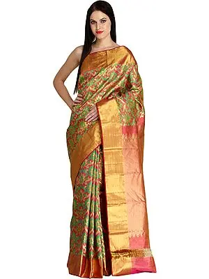 Pink and Green Super-Fine Tissue Sari from Bangalore with Hand-woven Flowers and Golden Border