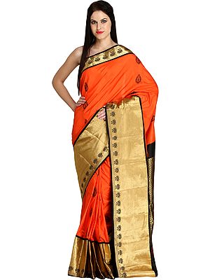 Mandarin-Orange Wedding Sari from Bangalore with Wide Lotus Border and Brocade-Weave