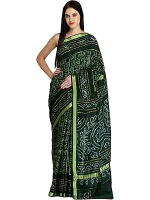 Bistro-Green Bandhani Gharchola Sari from Jodhpur With Zari Weave