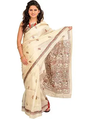 Cream Sari from Bengal with Printed Madhubani Folk Motifs