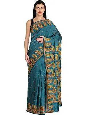 Celestial-Blue Kantha Sari from Kolkata with Hand-Embroidered Paisleys and Bootis