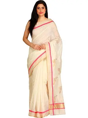 Ivory Chanderi Sari with Golden Woven Peacocks on Pallu