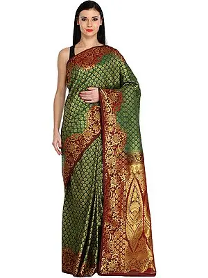 Green and Chocolate Wedding Sari from Bangalore with Woven Booits and Brocaded Pallu
