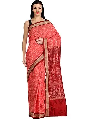 Spiced-Coral and Maroon Sambhalpuri Handloom Sari from Orissa with Ikat Weave