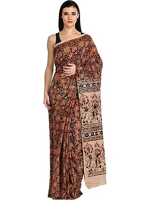 Black and Amber Kalamkari Sari with Floral Print and Dancing Ladies on Pallu