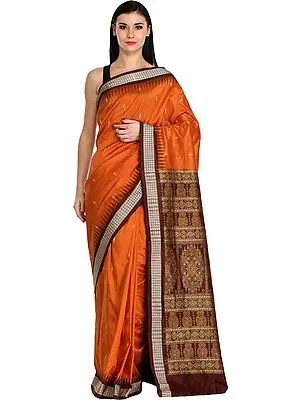 Apricot-Orange and Coffee Handloom Sari from Orissa with Bomkai Weave