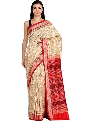 Cream and Red Sambhalpuri Handloom Sari from Orissa with Ikat Weave