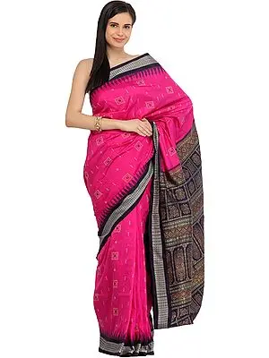 Pink and Dark-Purple Sambhalpuri Handloom Sari from Orissa with Bomkai Weave