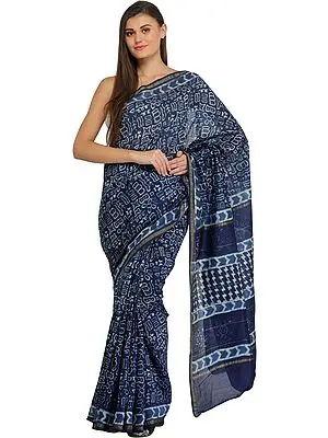 Twilight-Blue Batik Sari from Madhya Pradesh with Folk Motifs