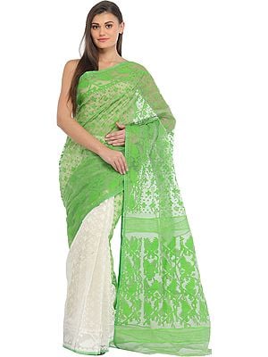 Green and White Jamdani Sari from Bangladesh with Floral Weave in Self