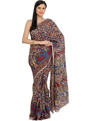 Multicolored Kalamkari Sari from Andhra Pradesh with Printed Rama Durbar on Pallu