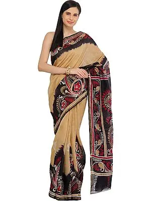 Italian-Straw and Black Batik Printed Sari from Madhya Pradesh with Paisleys on Border