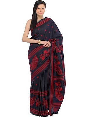 Blue-Nights Sari from Kolkata with Kantha Hand-Embroidery in Red
