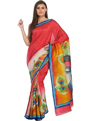 Claret-Red Digital-Printed Sari with Radha Krishna on Pallu