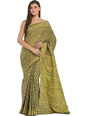 Gothic-Olive Bagdoo Block-Printed Sari from Madhya Pradesh