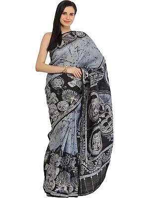 Gray and Black Batik Sari from Madhya Pradesh with Printed Ganesha and Elephants on Pallu