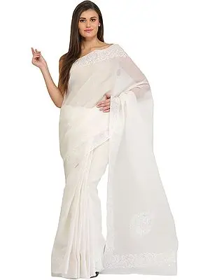 Snow-White Sari from Lucknow with Chikan Hand-Embroidery