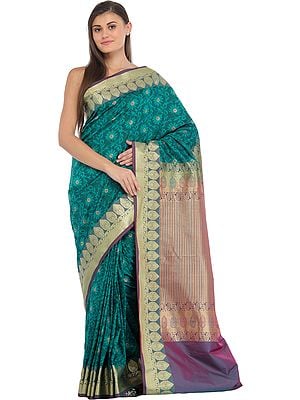 Tropical-Green Sari from Bangalore with Woven Flowers and Brocaded Border