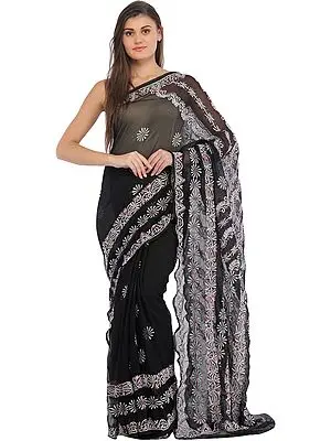 Jet-Black Lukhnavi Chikan Sari with Floral-Embroidery by Hand