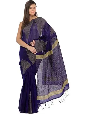 Deep-Blue Purbasthali Sari from Bengal with Woven Temple Border and Stripes on Pallu