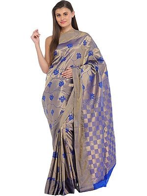 Metallic and Blue Brocaded Sari from Bangalore with Woven Flowers and Checks Weave on Pallu