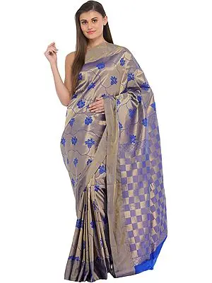 Metallic and Blue Brocaded Sari from Bangalore with Woven Flowers and Checks Weave on Pallu
