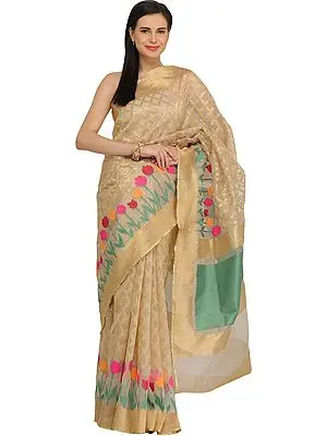 Golden Wedding Tissue Sari from Banaras with Woven Tulips on Border