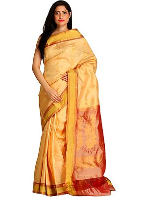 Italian-Straw Sari from Bangalore with Woven Bootis and Golden Border