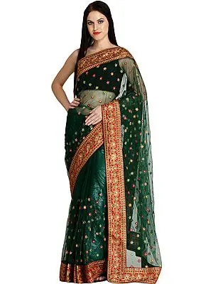 Antique-Green Designer Wedding Sari with Embroidered Floral Bootis and Patch Border