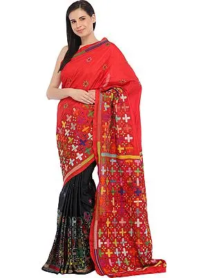 Red and Black Sari from Kolkata with Kantha Hand-Embroidery in Multicolor Thread