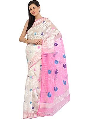 White and Pink Jamdani Sari from Bangladesh with Hand-woven Flowers and Temple Border