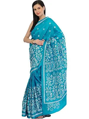 Hawaiian-Ocean Sari from Kolkata with Kantha Hand-Embroidery