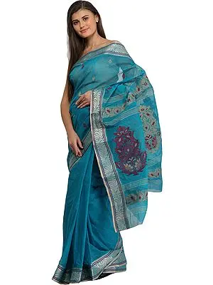 Vivid-Blue Purbasthali Tangail Sari from Bengal with Woven Floral Motifs on Pallu