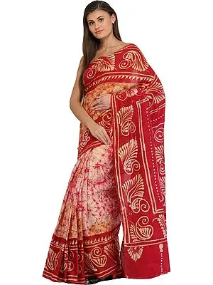 Deep-Claret Batik Sari from Madhya Pradesh with Printed Paisleys