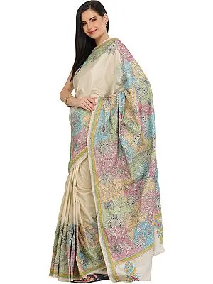 Off-White Sari from Kolkata with Kantha Hand-Embroidered Sunflowers