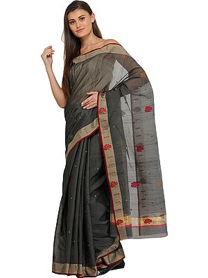 Pewter-Gray Handloom Chanderi Sari with Woven Bootis and Flowers on Pallu