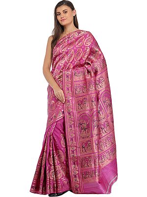 Raspberry-Rose Baluchari Sari from Bengal Depicting Mythological Episodes from Mahabharata
