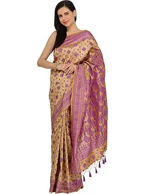 Italian-Straw Sari from Assam with Woven Bootis