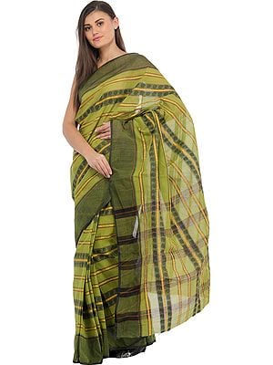 Leaf-Green Dhakai Sari from Bangladesh with Woven Paisleys and Stripes