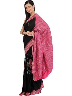 Black and Pink Bomkai Sari from Orissa with Dense Weave on Pallu and Rudraksha Border