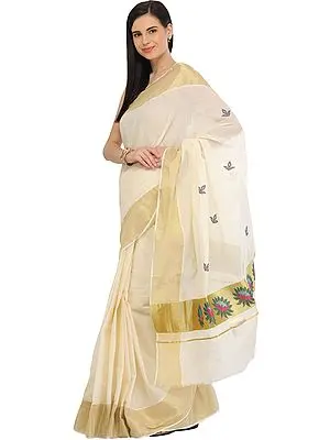 Cream Kasavu Sari from Kerala with Golden Border and Woven Lotuses on Pallu