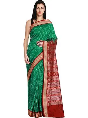 Green and Maroon Sambhalpuri Handloom Sari from Orissa with Ikat Weave