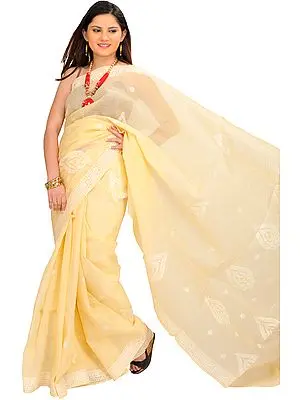 Apricot-Gelato Sari from Lucknow with Chikan Hand-Embroidery