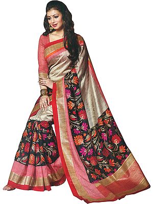 Oyster-Gray and Black Sanganeri-Silk Sari with Woven Lotuses and Printed Stripes