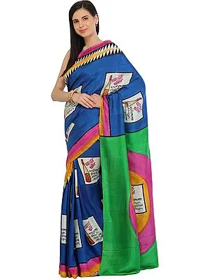 Blue and Green Digital-Printed Sari from Kolkata